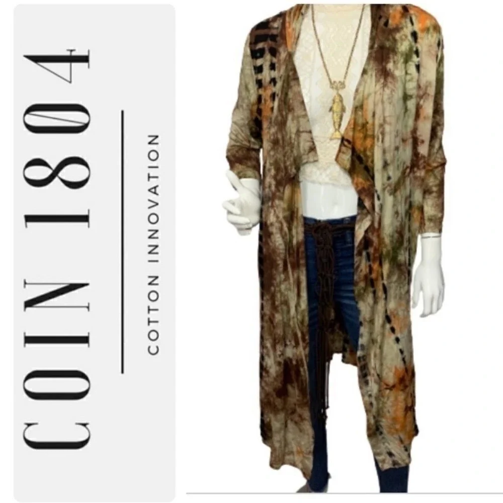 Coin 1804 3X Hooded Duster Kimono Tie Dye Waterfall Earth Tone Anthropologie - Picture 2 of 9